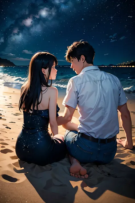 Starry night on the beach，Couple sitting on the beach, sitting on the beach at night, night under the stars, sky full of stars, beauttiful stars。