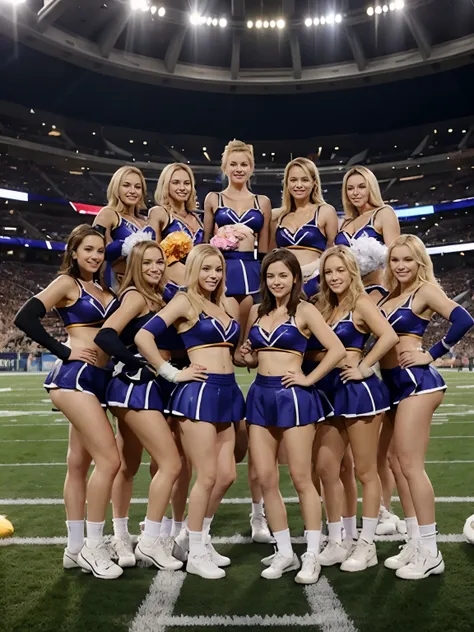 8 femmes blondes, au superbowl, tenue de cheerleader, photo de groupe, 8 femmes, groupe de sport, beaucoup de femmes