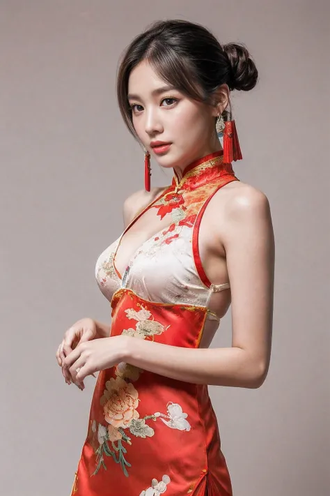 ((Upper Body)), ((Red Qipao Elegant)), Cheongsam Chinese Dress , white lace bikini, big tits:1.8, Rim Light, diamond necklace, double bun hair, high detailed , , White Background, (( Chinese Background)), thai girl style