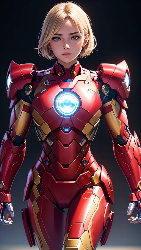 Full view, full body, in the armor of Iron Man,  girl with short blond hair, emphasis on extreme details (skin pores, fabric texture, subtleties of clothing). shiny with silver light, fine face and nose, fine mouth, analog style, skin texture, film grain, ...