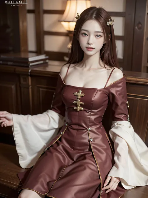 ((best quality)), ((masterpiece)), ((perfect face))、（detailed ）、Detailed and clear photos、((Medieval European Dresses))、slender body、smile、Maroon hair、full body shot