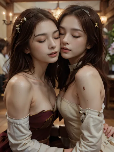 ((best quality)), ((masterpiece)), ((perfect face))、（detailed ）、Detailed and clear photos、((Medieval European Dresses))、slender body、smile、Maroon hair、(((Kissing face with eyes closed)))