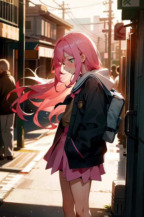 One girl, with long pink hair, stands embarrassed on a crowded city street, her mini skirt bared as she takes a secret moment to relieve herself in an alleyway. Her blushing face is hidden as she looks away, nervously keeping her mouth shut while the world...