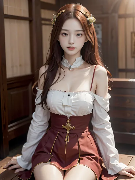 ((best quality)), ((masterpiece)), ((perfect face))、（detailed ）、Detailed and clear photos、((Medieval European Dresses))、slender body、smile、Maroon hair、full body shot