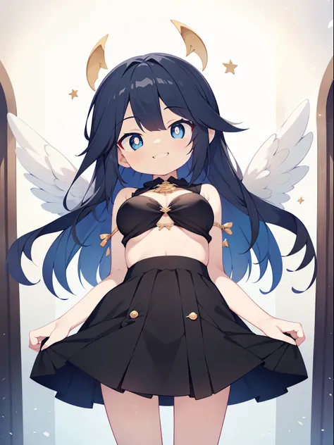 (angel girl:1.2), (1 person:1.2),(10 year old girl)、young girl、big breasts、 nffsw、shader、highly detailed eyes、big breasts、loose and fluffy long hair,,、underboob、Glossy cleavage、blue hair、angel wings、silky hair、Angel attire(Black thin dress、plain colors、min...