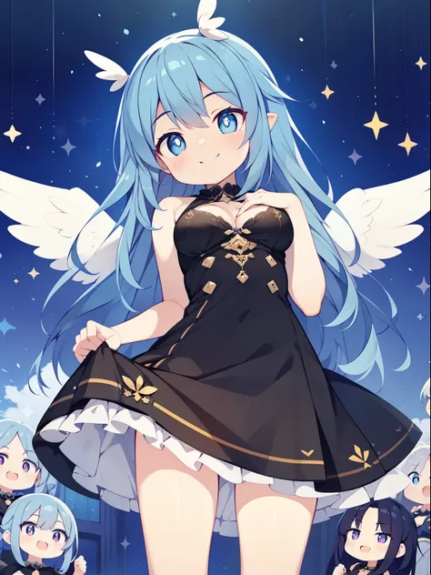 (angel girl:1.2), (1 person:1.2),(10 year old girl)、young girl、big breasts、 nffsw、shader、highly detailed eyes、big breasts、loose and fluffy long hair,,、underboob、Glossy cleavage、blue hair、angel wings、silky hair、Angel attire(Black thin dress、plain colors、min...