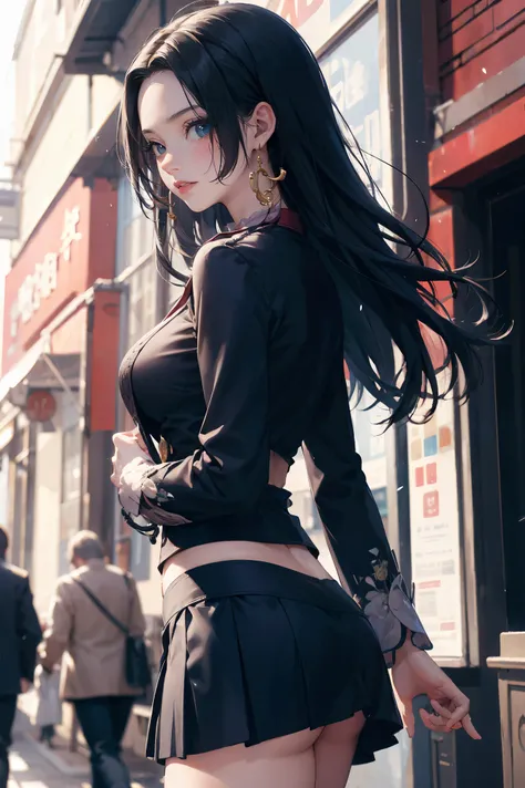 masterpiece, Best Quality, absurderes, Perfect Anatomy, Unity 8k Wallpapers,best anime,(BDSM),cowboy shot,20 year old beauty、boa hancock,black hair,long hair,center parted bangs,(blush,embarrassed),slender body,skinny,large breasts,standing,White long-slee...