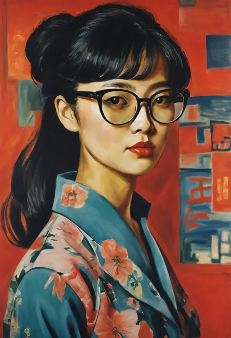 StyleRaoul Dufy Design，Portrait of modern Chinese girl wearing glasses，brutalist