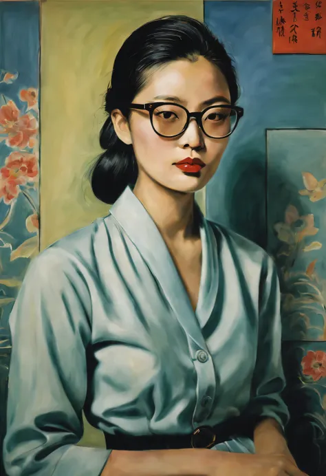 StyleRaoul Dufy Design，Portrait of modern Chinese girl wearing glasses，brutalist