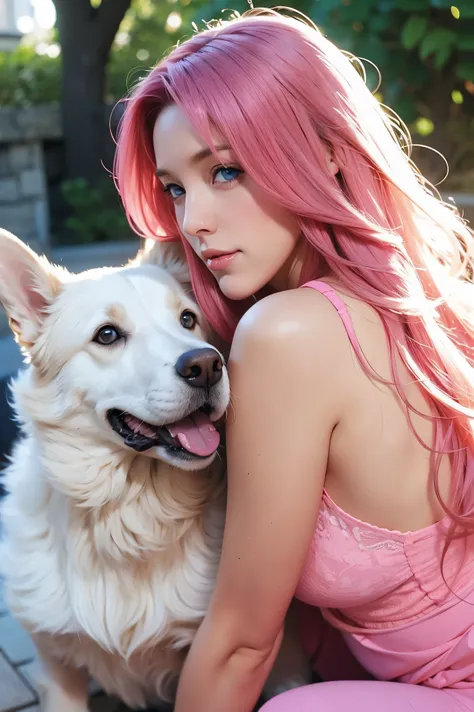 Woman, long curly hair, pink hair, blue eyes, house in the background, dog ,  Dog near woman, Doberman dog