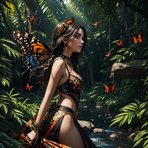 Beautiful dark haired woman covered entirely by millions of Monarch orange black and red butterflies like a second skin a gossamer dress that is almost part of her, covered in butterflies and vibrant multicolored red and black flowers, as if they are comin...