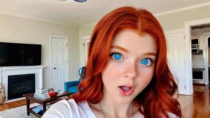 selfie ,of a cute surprised wow effect, shocked, mouth wide open, redhead , blue eyes girl, american girl ;, in a bright living room , youtuber ambiance, influencer.
