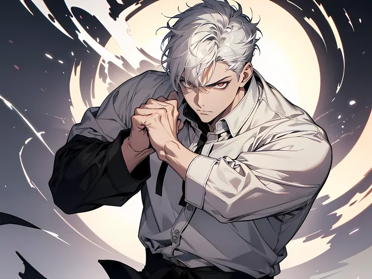 1 man, wearing white shirt, short hair, half black half white hair, detailed eyes, face to detail, arrogant facial expression, fighting pose, clenched fist, perfect hands, Qi aura surrounding his body, the background is at dojo, half-body illustration