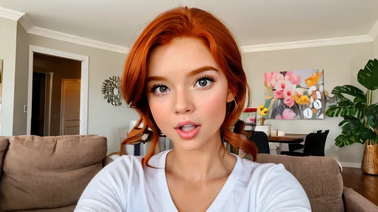 selfie ,of a cute surprised wow effect, shocked, mouth wide open, redhead , brown honey eyes girl, american girl ;, in a bright living room , youtuber ambiance, influencer.
