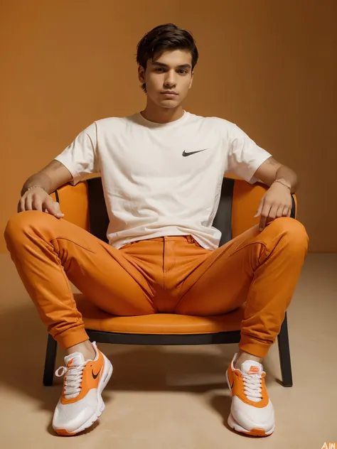 the work of a 22 year old man, wearing modern aesthetic orange clothes that say "hamdan", wearing Levis trousers, wearing Nike (Air Max) shoes, sitting relaxed in a chair like a model, elegant pose, faint smile, very detailed, orange background bright, sho...