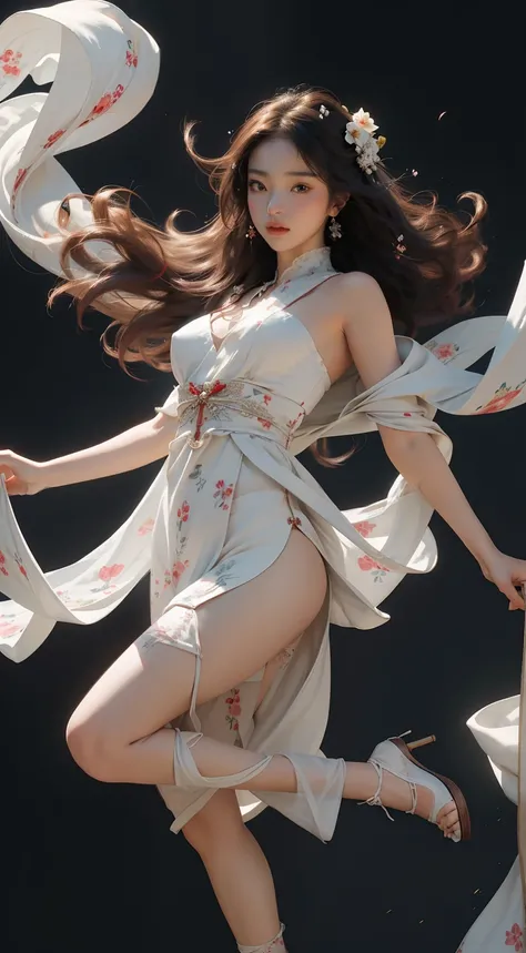 super high quality，masterpiece，Perfect illustration，extremely high detail(Delicate light and shadow，The graphics are dramatic，)Stroke flowers， 1 Girl full body， Hidetoshi，White lace wrapped calf，naked沟，solo， hanfu，  flower field， flowering， （White smoke：1....