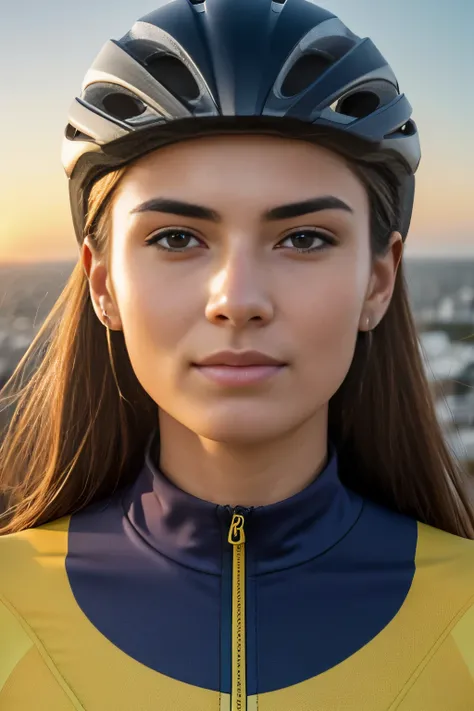 Confident and sunny woman，Wear cycling clothes，Wear a cycling helmet，Riding a bike, sunset background, wide angle, aerial view, （Balance photos， contrasting light， Sony a6600 Mirrorless Camera， ƒ/1.4， ISO 1600， 11mm ， even skintone， ambrotype， afofuturism）...