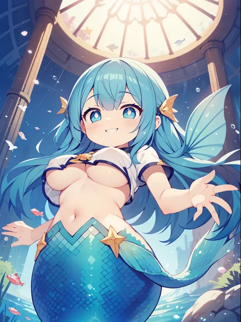 (mermaid girl:1.2), (1 person:1.2),(10 year old girl)、young girl、big breasts、 nffsw、shader、highly detailed eyes、big breasts、loose and fluffy long hair,、underboob、valley、blue hair、silky hair、mermaid figure(Mini T-shirt、The lower body is a fish、Beautiful sca...