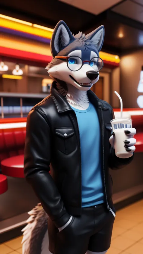 fursuit wolf male wearing nerdola glasses blue eyes realistic background of a diner blurred background wearing a black jacket a ...