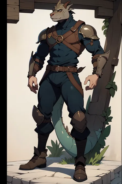 masterpiece, 1man, extremely detailed character, full body shot, best quality, (Dragonborn), (Rogue, Thief), medieval era, fantasy clothes, dnd, anime style, detailed face, (medieval Thief suit), pants, cotton shirt