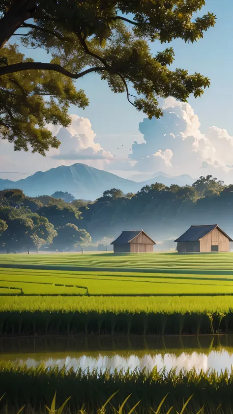 A rural landscape with ears of rice swaying in the wind