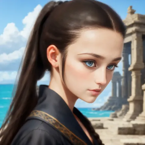 High resolution, portrait, brunette girls, 15 years old, Brunette, long black hair pulled back in a ponytail, temples slightly shaved, a pattern of stones along the forehead to the temples, bright blue eyes, portrait, sea in the background, seagulls, reali...