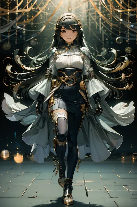 magine a powerful, elegant animated character with long, layered dark hair adorned with an advanced ui accessories. playful body...