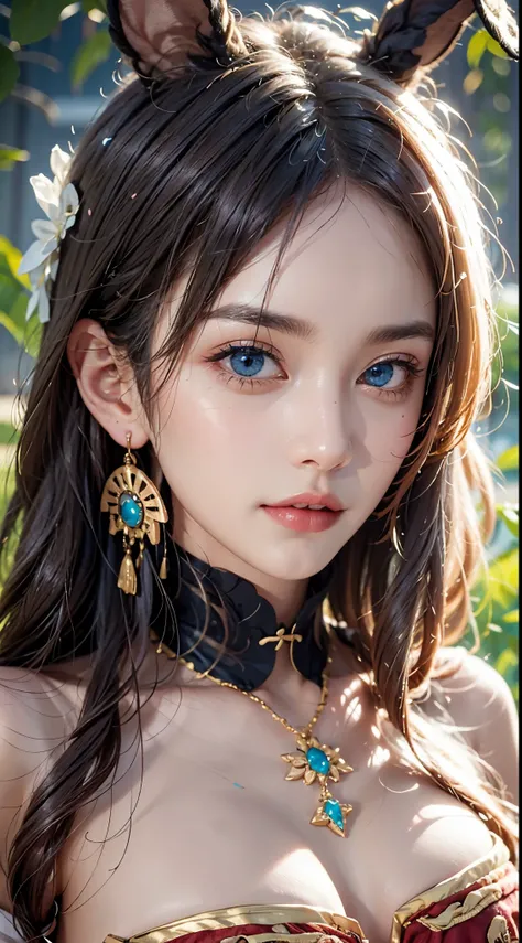 realistic, masterpiece, realistic, High resolution, soft light, hip up, (blue eyes, pink hair), fake bunny ears, Hanfu, jewelry, tattoo