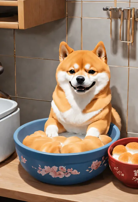 CNY，kitchen，There are steamed buns in the baking pan，There is no water，Shiba Inu sitting in the basin，happy