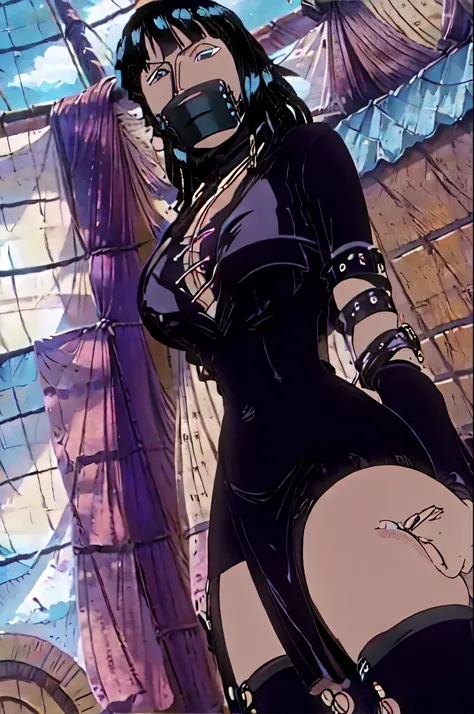 Nico Robin from One Piece tied up and ballgagged. Her arms are tied behind her back. She is panel-gagged. Her breasts are exposed as she looks directly at the camera. The ropes are tight around her body and her facial expression seems worried.