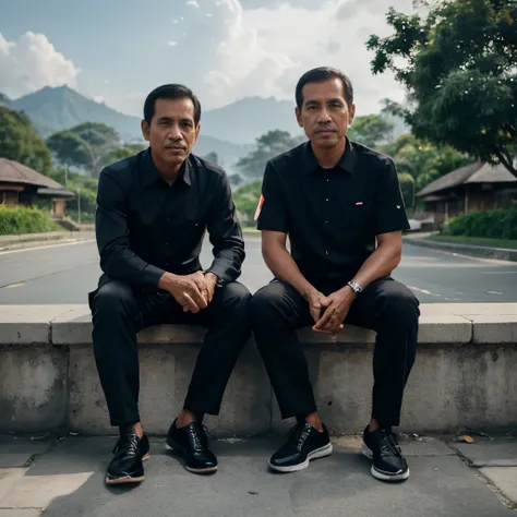 Indonesian man named Jokowi Widodo president of indonesian, 50 years old, thin body, neat black hair, clean face, wearing a black suit, wearing shiny black shoes, sitting with a 30 year old Indonesian man, wearing a bright batik Hem shirt while enjoying ch...