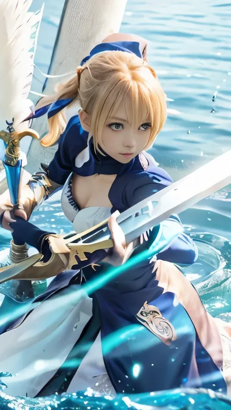 anime girl with sword and sword in water with blue background, artoria pendragon, anime style like fate/stay night, fate / stay night, alicization, fate stay night, fate/zero, fate zero, female protagonist 👀 :8, fate grand order, inspired by Li Chevalier, ...