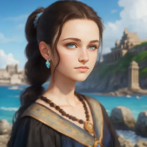 High resolution, portrait, brunette girls, 15 years old, pattern of stones along the forehead to the temples,
Brunette, long black hair pulled back in a ponytail, temples slightly shaved, bright blue eyes, portrait, sea in the background, seagulls, realism...