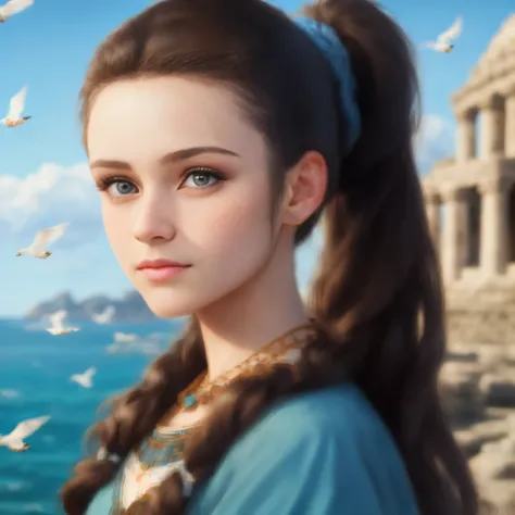 High resolution, portrait, brunette girls, 15 years old, pattern of stones along the forehead to the temples,
Brunette, long black hair pulled back in a ponytail, temples slightly shaved, bright blue eyes, portrait, sea in the background, seagulls, realism...