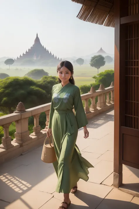 A captivating girl graces the streets of Bagan, her radiant smile revealing adorable dimples. Dressed in an authentic Burmese attire, she dons an olive green ACMM top with long sleeves, the fabric gently flowing around her. Her outfit is completed by an ol...