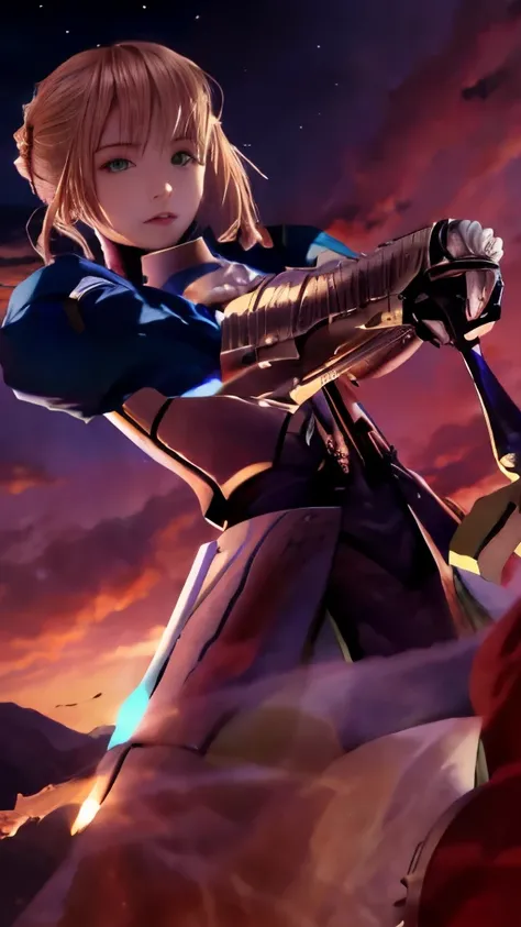 a close up of a woman holding a sword in front of a sky, fate / stay night, fate stay night, anime style like fate/stay night, fate grand order, fate/zero, fate zero, lucina from fire emblem, alphonse, inspired by Li Chevalier, official art, casimir art, ア...