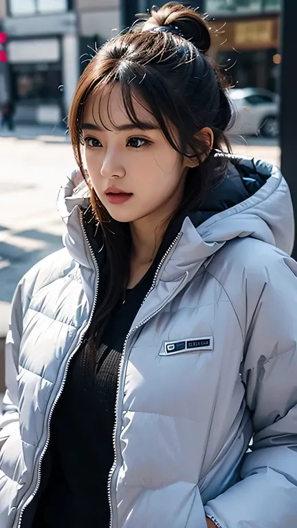 Cool woman wearing thick down jacket, realistic details, super high quality