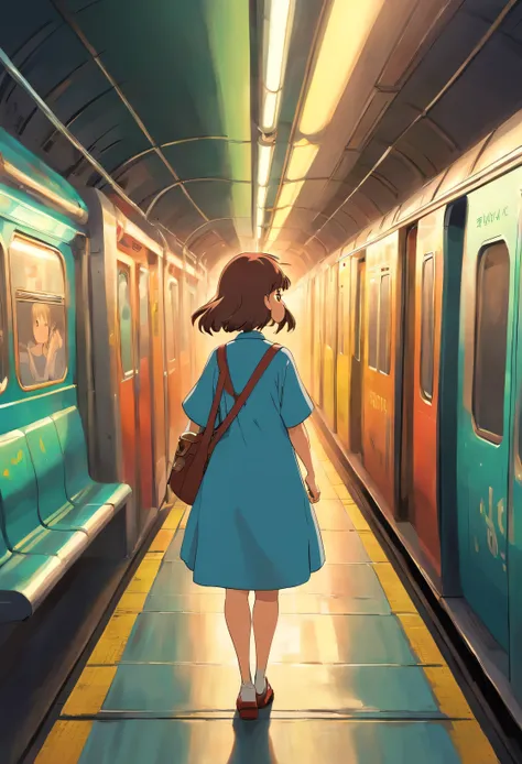 Super details, high detail, high quality, 8k, Miyazaki style，Subway platform in tunnel，The subway roars by，The girl shows a frightened expression