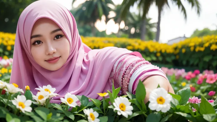 a malay woman,1girl,hijab,close up, flower garden,blur background,bokeh effect,High detail,high resolution, high texture skin,8K,RAW