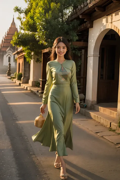 Masterpiece, highest quality, high resolution, solo presentation of a beautiful girl with cute dimples, beaming smile, elegantly clad in a Burmese dress, strolling down Bagans ancient streets. The ACMM LS Outfit boasts an olive green top with long sleeves,...