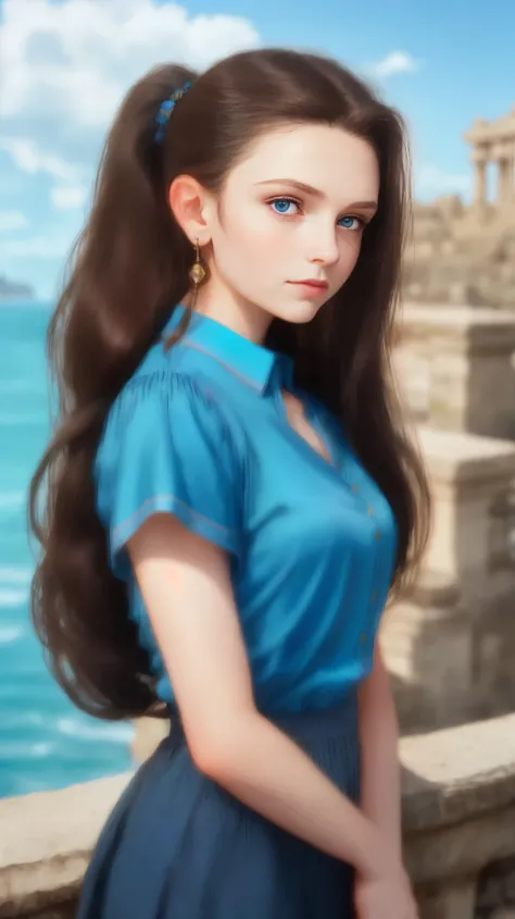 High resolution, brunette girl, 15 years old, bright blue eyes, pattern of stones on her face along the forehead to the temples, Brunette, temples slightly shaved, long black hair pulled back in a ponytail, temples slightly shaved, dressed in a silk shirt ...