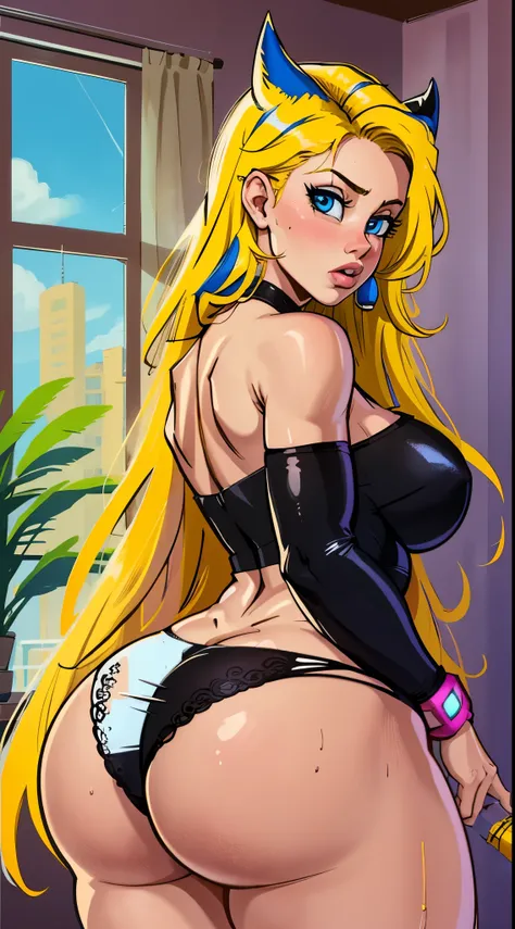 (Best Quality, 8k, 32k,1 Girl, Gigantic Breasts, Thick Thighs, Super Wide Hips, Huge Ass, Perfect Body, Ultra Detailed Face, Excited Eyes, Seductive, Blue and yellow Hair, White Sweater, Red and Black Panties, Back.