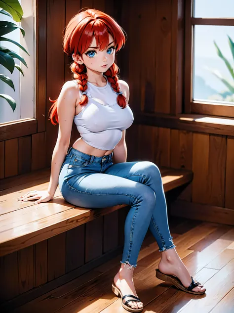 Garota anime ruiva com bermuda jeans azul e blusa roxa, 16 anos, agachada, sentada com pernas cruzadas, corpo bonito, seios grandes, with your hands behind your head, running your hands through your hair, garota sexy, red hair with braid, gorgeous lighting...