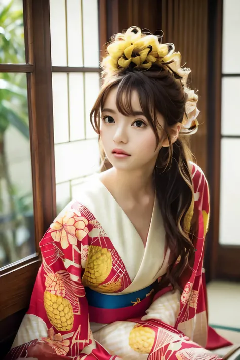 A beautiful woman with pineapple-curled hair and a white top sitting against the wall, wearing a red kimono, her curly pineapple hair bouncing playfully, the beautiful pineapple-haired woman, the attractive pineapple-haired girl, the elegant red kimono, th...