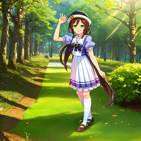 Masterpeace,1girl,Hayakawa Tazuna,Tracen Summer Uniform,standing,smile,bowler hat,forest