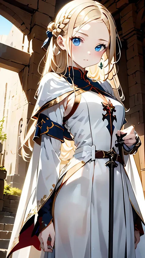 one woman、Rin々new appearance、Rinとした表情、cold look、medieval monk、pure white battle uniform、blonde、french braid、have a sword、white cloak、Sword Art Online、(masterpiece, highest quality, highest quality, official art, beautiful and aesthetic:1.2)