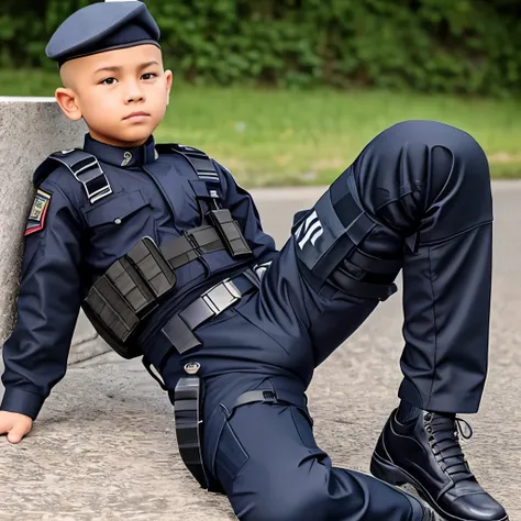 kid boy, 11 years old, wear tactical gear, shave head, wear cap, sit down, tactical trouser bulge, open leg with tactical trouser bulge groin crotch, look from below, no naked, wear uniform trousers belt gear gun boot, rape pose