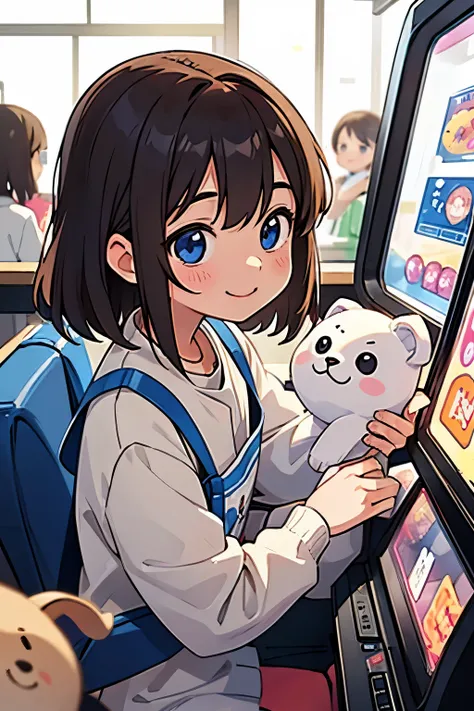 A girl looking into a stuffed animal picking game at a game center、sparkling eyes、smile、