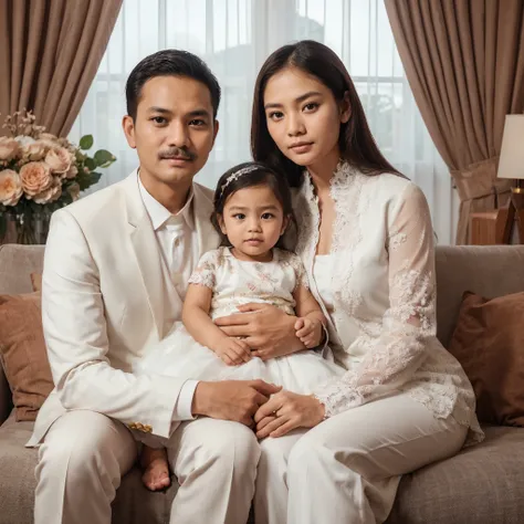 Indonesian family photo. The father is 40 years old, has a smooth face, thin mustache, the mother is 20 years old, has straight hair, they are holding a 2 year old baby girl on their lap. compactly wearing a white suit and elegant white kebaya, embracing e...