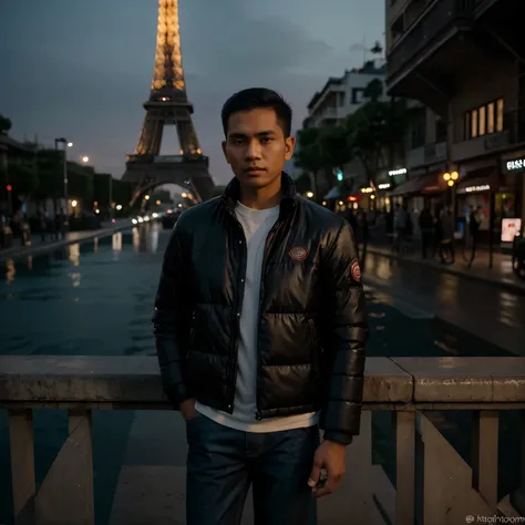 16:58:59 
Expires in 14 Day(s)
An Indonesian javanese man (30yo, oval and clean face, indonesian hair, thin body, brown skin, wearing black puffer jacket, jeans) standing posing like a model, Eiffel tower background, photo slightly tilted to the side, face...